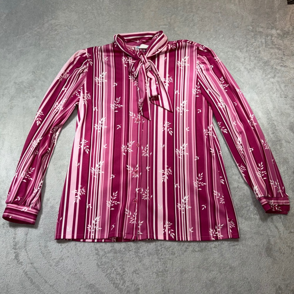 Vintage 70s Pink Striped Tie Neck Pussybow Blouse Long Sleeve Retro Top M